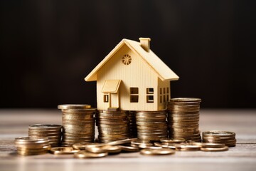 A small, vibrant house placed on a pile of coins symbolizes the connection between property ownership and financial concepts.