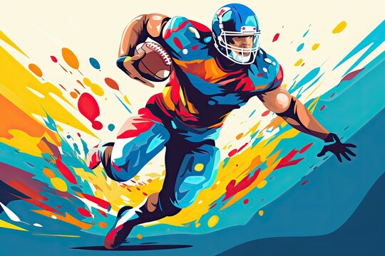 Bright multi-colored illustration of a running american football player in a helmet with a ball.