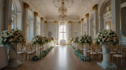 wedding room interior with white dominant decoration ,wedding event hall ,generative ai