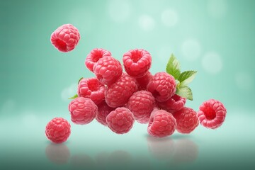 Many fresh raw red raspberries exploding and flying all around the pink background, steam and smoke behind. food levitation.
