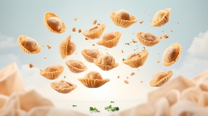 Advertisement studio banner with fresh italian dumplings ravioli flying in the air on pastel gradient background. Food ingredient levitation