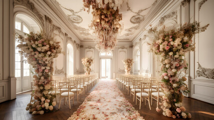 wedding room interior with white dominant decoration ,wedding event hall ,generative ai