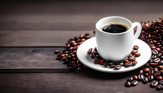 Coffee cup and coffee beans on wooden background. Fresh tasty espresso cup of hot coffee with coffee beans on dark background