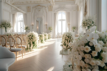 wedding room interior with white dominant decoration ,wedding event hall ,generative ai