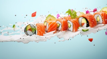 Advertisement studio banner with Sushi roll with salmon and avocado flying in the air on pastel gradient background. Food ingredient levitation