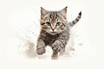 Illustration of a running tabby kitten on a white background with gray splashes of paint around.