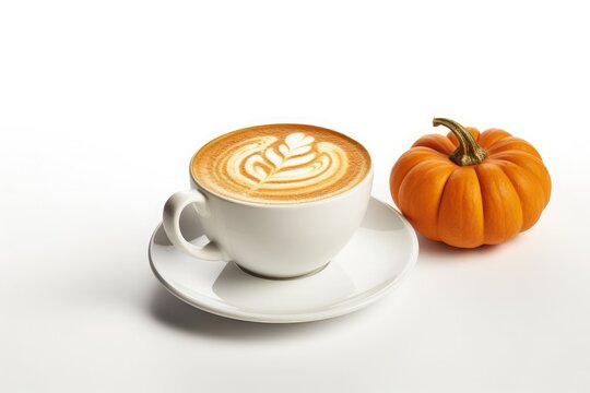 A cup of pumpkin cappuccino or latte coffee with a small pumpkin on a white background.