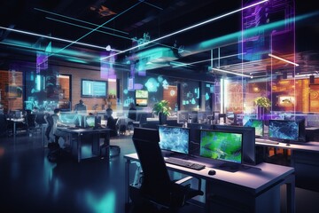 Modern neon cyberpunk open space office interior blurred with information technology overlay. Corporate strategy for finance, operations, marketing. Purple and green color grading