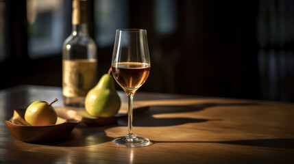wine glass with pear calvados and bottle with calvados on dark table, generative ai - obrazy, fototapety, plakaty