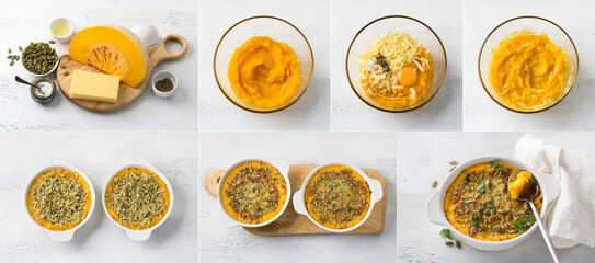 Collage of cooking vegetarian gluten free pumpkin casserole with cheese on a light gray table. Ingredients, cooking steps, step by step, finished dish