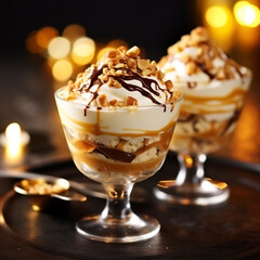 Nutty toffee cups, crunchy almond and hazelnut crunch in combination with caramel and toffee pudding cream ,  ai generative
