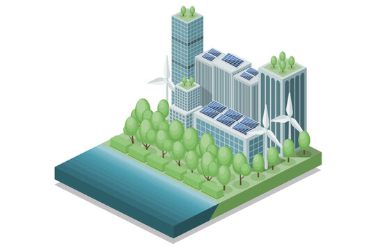 Isometric Green Sustainable City. Urban Forest, Green Building Included Architecture, Green Roof, Solar Cell, Trees, Windmill, River. Flat Illustration Vector Isolated On White Background