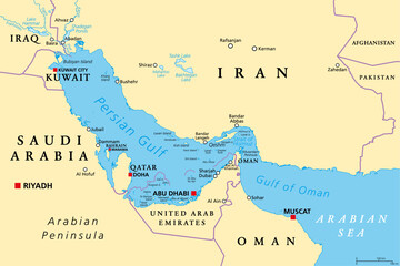 Persian Gulf region, political map. Also Arabian Gulf, a mediterranean Sea in West Asia, located between Iran and Arabian Peninsula, connected to the Gulf of Oman in the east by the Strait of Hormuz. - 633089921