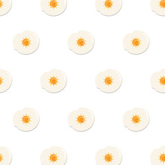 Seamless sunny side up egg pattern with the sun as a yolk on white background. Repeating fried egg pattern. Editable Vector Illustration. EPS 10.
