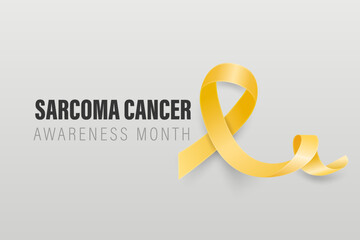 Sarcoma, Bone Cancer Banner, Card, Placard with Vector 3d Realistic Yellow Ribbon on Grey Background. Sarcoma Cancer Awareness Month Symbol Closeup, July. World Bone Cancer Day Concept