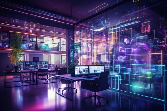 Modern Neon Cyberpunk Open Space Office Interior Blurred With Information Technology Overlay. Corporate Strategy For Finance, Operations, Marketing. Purple Color Grading