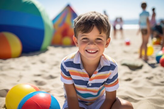Photography of a pleased, child boy that is wearing a colorful beach ball against a fun-filled beach picnic background. Generative AI