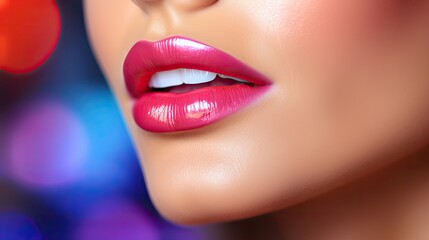 Fototapeta premium Close-up view of beautiful woman's lips with red glossy lipstick. Open mouth with white teeth. Fashion makeup concept. Illustration for cover, interior design, advertising, marketing or presentation.