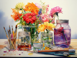 watercolor pans, brushes with splayed bristles, a glass jar filled with murky water, and a fresh floral watercolor painting, bright, cheerful colors, natural light pouring from the side