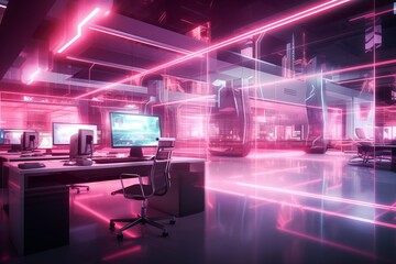 Modern neon cyberpunk open space office interior blurred with information technology overlay. Corporate strategy for finance, operations, marketing. Magenta color grading