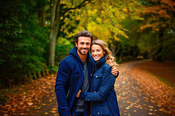 Fototapeta premium Romantic couple hugging in a forest one autumn morning