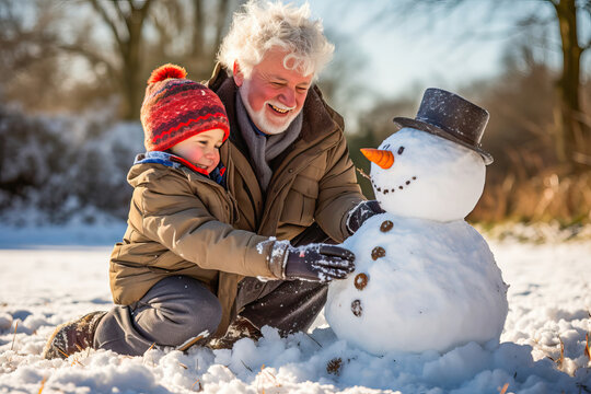 Grandfather and grandson making a snowman in a snowy field