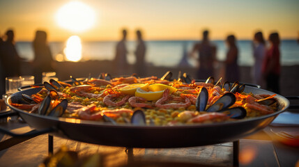 an outdoor paella cooking on a large traditional pan, lively colors of assorted seafood, vegetables, and saffron rice, beachside setting at sunset