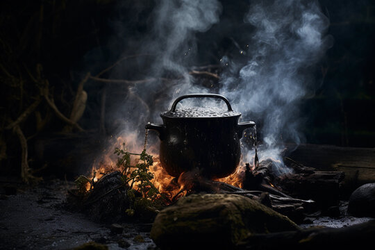 a rustic cast - iron pot over a crackling open fire in a wilderness setting, sparks flying, smoke curling, dramatic chiaroscuro lighting
