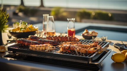 a luxurious seafood grill party by the pool, lobsters and steaks on the barbecue, chilled champagne in the background, late afternoon
