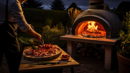 a rustic outdoor wood - fired oven with artisan pizza, hand pulling the pizza with a wooden peel,...