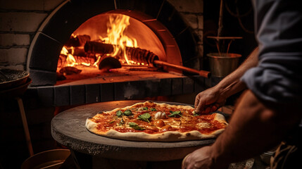 a rustic outdoor wood - fired oven with artisan pizza, hand pulling the pizza with a wooden peel, twilights and string lights in the background