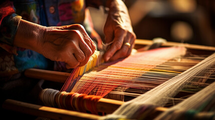 Traditional tapestry making, an old wooden loom set up with bright colored threads, an artisan's hands at work, detail on the intricate patterns being woven, soft, natural lighting, timeless and nosta