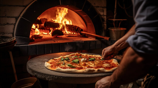 a rustic outdoor wood - fired oven with artisan pizza, hand pulling the pizza with a wooden peel, twilights and string lights in the background
