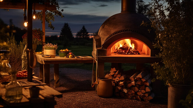 a rustic outdoor wood - fired oven with artisan pizza, hand pulling the pizza with a wooden peel, twilights and string lights in the background