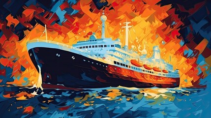 Cruise ship in the ocean. Concept tourism travel. Painting of a liner on sea waves in the style of impressionism. Digital art. Illustration for cover, card, postcard, interior design, decor or print.