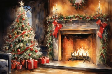 Christmas Charming watercolor Cozy fireplace, Christmas tree  and presents in a dreamy scene