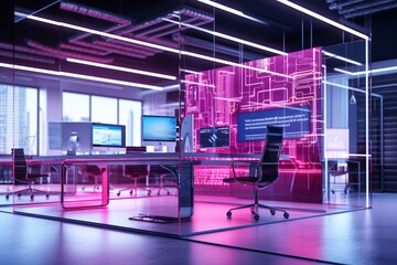 Modern neon cyberpunk open space office interior blurred with information technology overlay. Corporate strategy for finance, operations, marketing. Magenta color grading