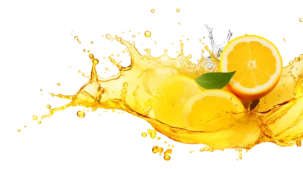 Fotobehang Fresh lemon with juice splash on transparent background. Lemon juice splash png © Shahjahangdb