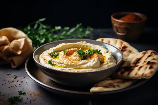 Traditional dish of arabic cuisine baba ganoush made of roasted eggplant, tahin, cilantro, garlic, olive oil, lemon juice or hummus with flatbread on beige background. Generative AI technology