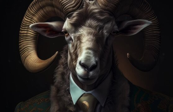 A ram dressed in a formal suit and tie in a dimly lit room. Generative ai
