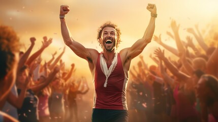 An athlete arrives at a finish line and raises hands in celebration. Concepts of success, win, and achievement. Generative AI