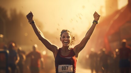 An athlete, woman, runner, arrives at a finish line and raises hands in celebration. Concepts of success, win, and achievement. Generative AI