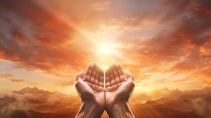 Hands holding the sun, sunrise. Freedom, faith, and spirituality concepts. Generative AI
