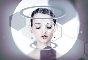 Young woman surrounded by digital graphics