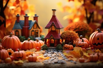 Fototapeta premium Happy Thanksgiving! As we gather together to celebrate this special day, let us take a moment to appreciate the beauty of the season. Picture a delightful assortment of autumnal pumpkins arranged