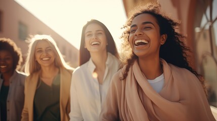 A happy young girl, and her friends, smiles and laughes with happiness. Quality relationship, emotional intelligence, and self appreciation concepts. Generative AI