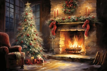 watercolor christmas tree and fireplace presents in a dreamy scene