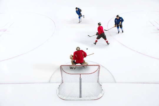 High angle shot of an ice hockey game