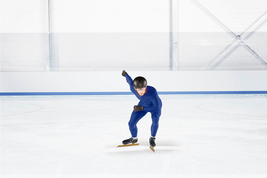 Young man practicing speed skating at ice rink