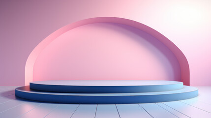 Minimalistic podium for presenting your product or cosmetics, round podium and arch in pink and blue colors, generative ai